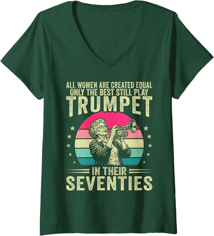 Women's Best Women Play Trumpet in Their Seventies Trumpet Player V-Neck T-Shirt - Dark Green