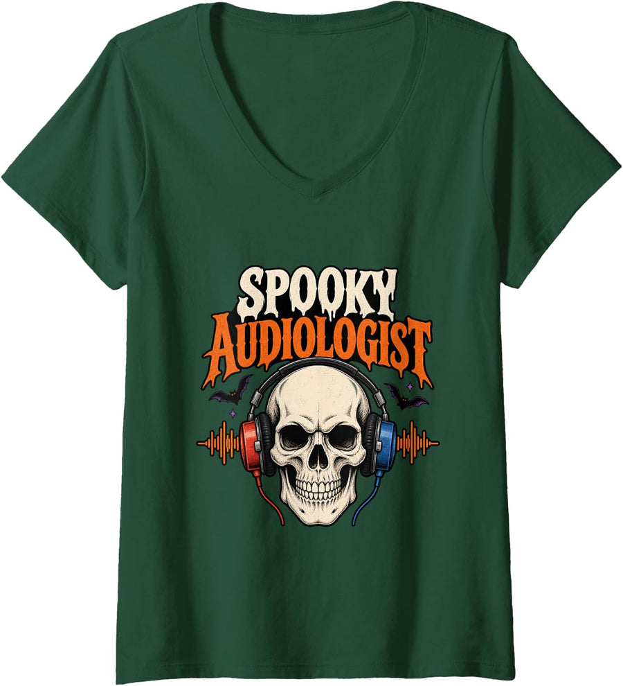 Women's Spooky Audiologist Skull Headphones Halloween V-Neck T-Shirt - Dark Green
