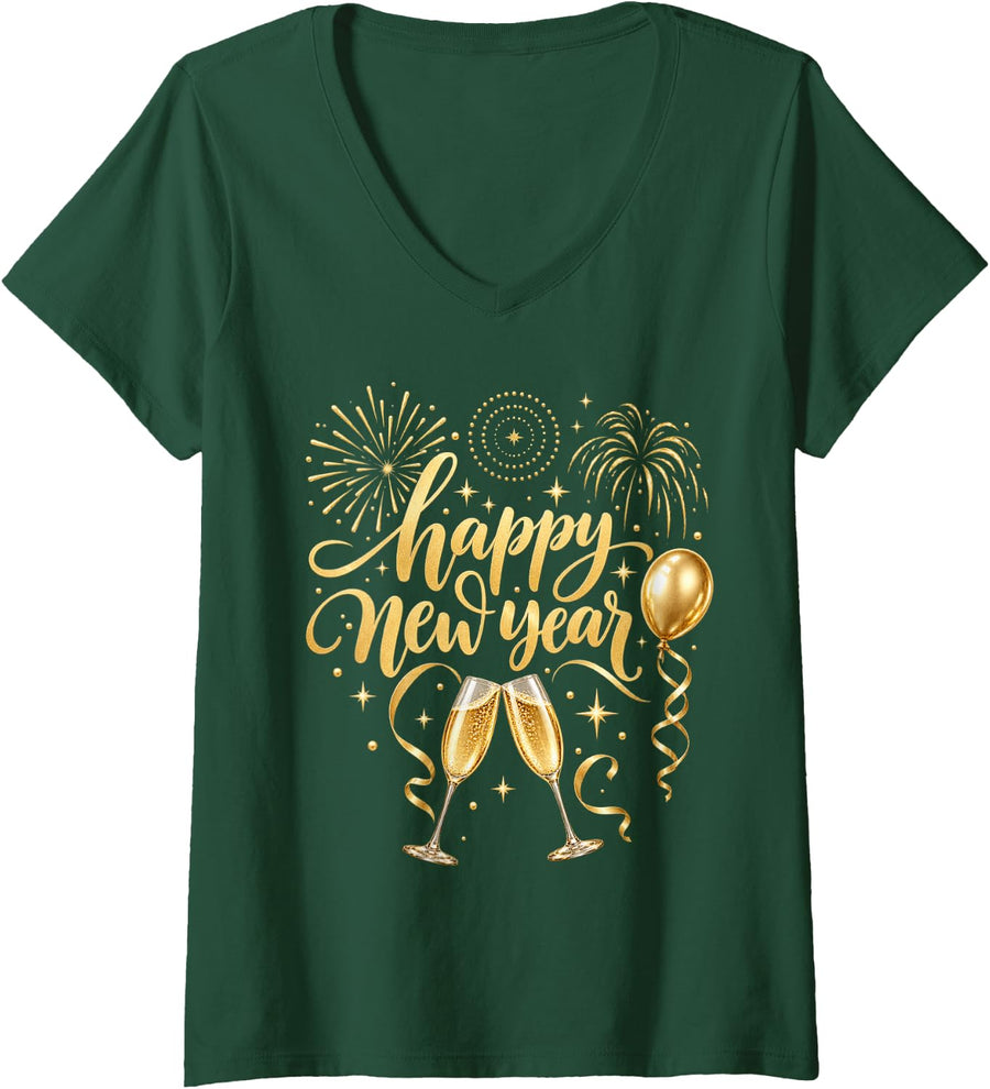 Women's Happy New Year Champagne Cheers New Years Eve Party V-Neck T-Shirt - Dark Green