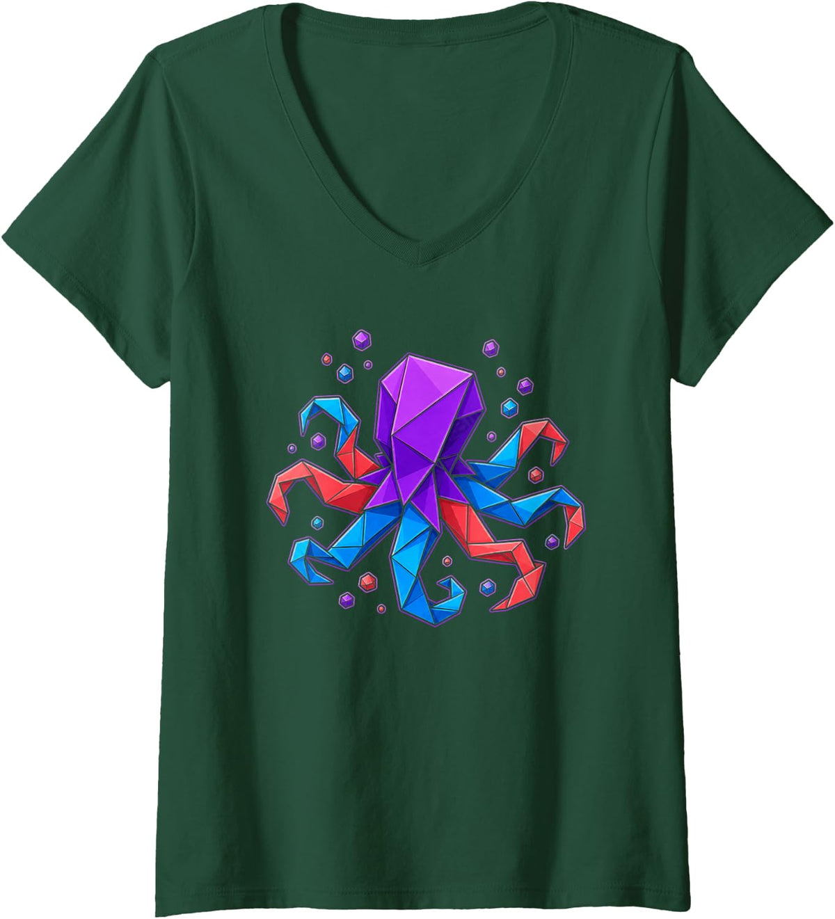 Women's Origami Octopus Geometric Ocean Creature V-Neck T-Shirt - Dark Green