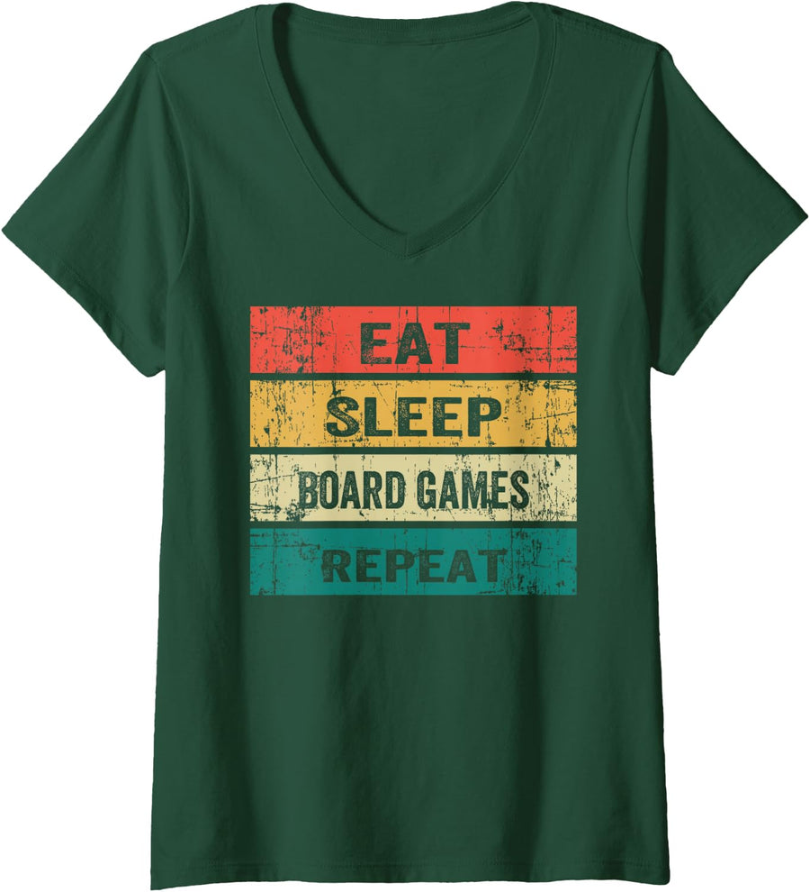 Women's Eat Sleep Board Games Repeat Vintage Games Lover Gifts V-Neck T-Shirt - Dark Green