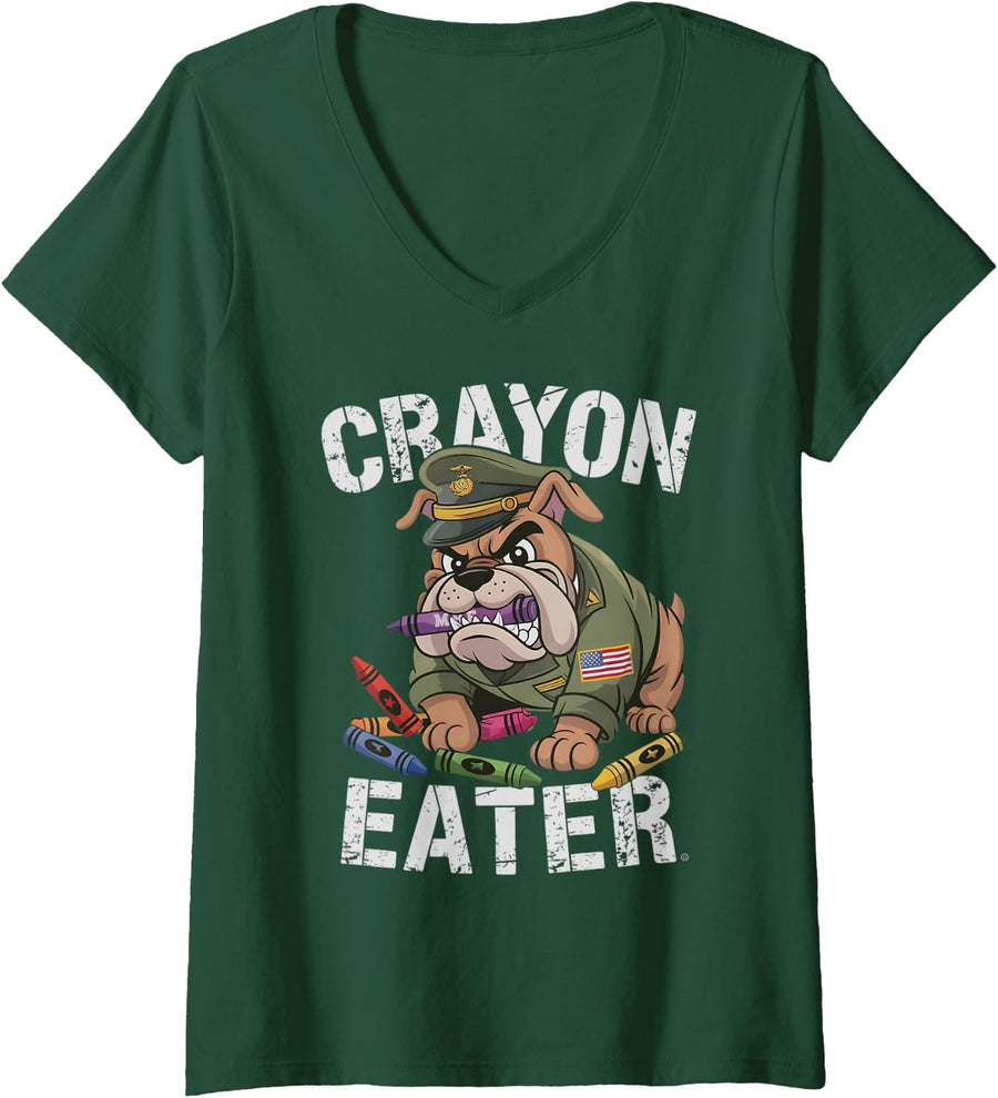 Women's Cute Crayon Eater Military Boot Camp Dog Jarhead Joke V-Neck T-Shirt - Dark Green