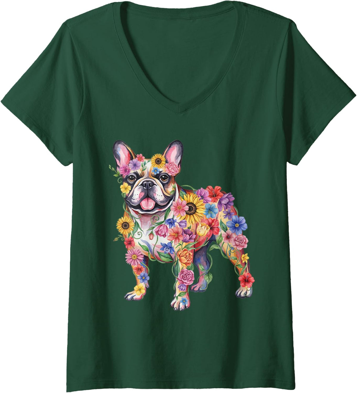 Women's French Bulldog Floral Frenchie Mama V-Neck T-Shirt - Dark Green