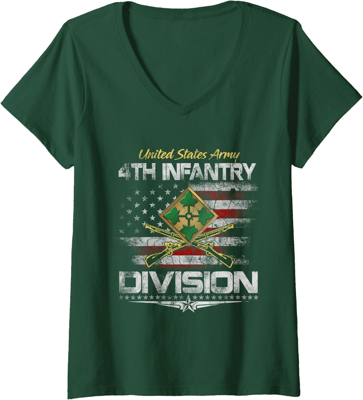 Women's USA 4th Infantry Division Veteran Shirt Vintage Veterans Day V-Neck T-Shirt - Dark Green