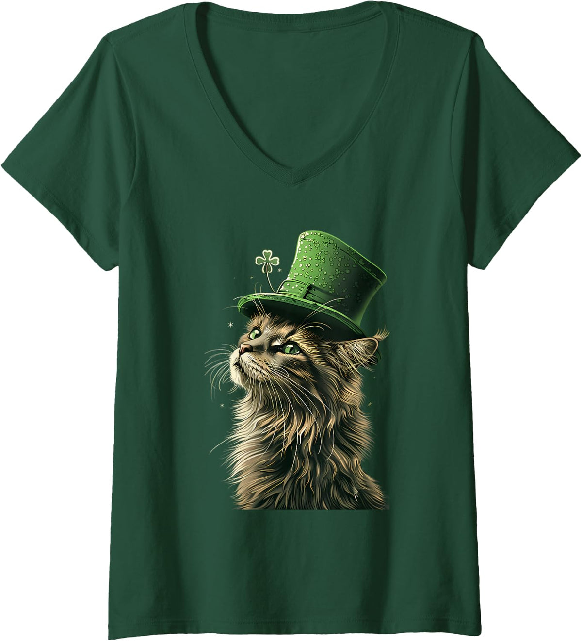 Women's Cat Leprechaun Irish Shamrock St Patrick's Day Lover V-Neck T-Shirt - Dark Green