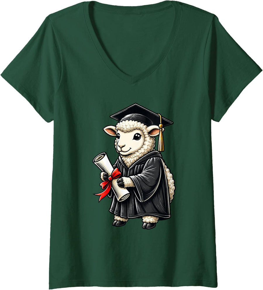 Women's Cute Sheep Graduation V-Neck T-Shirt - Dark Green