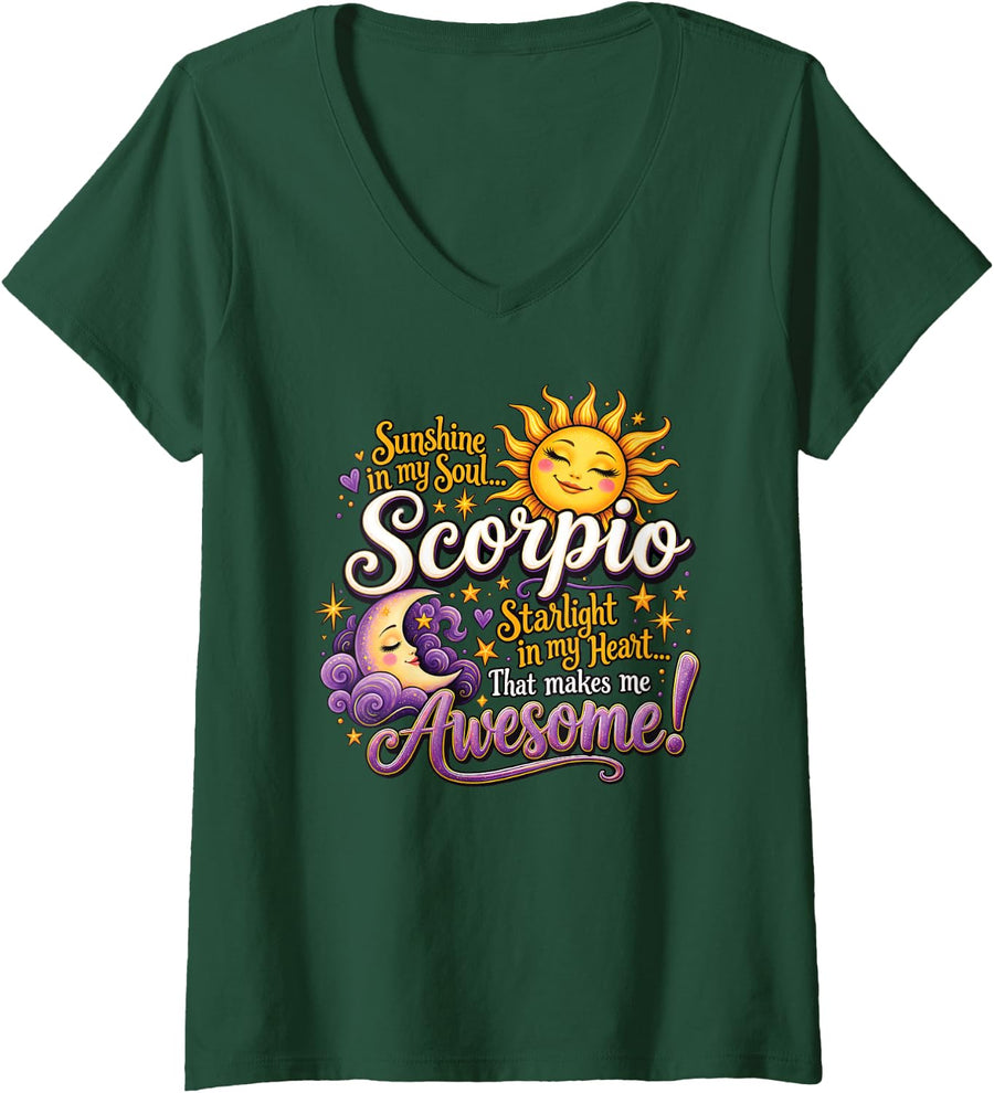 Women's Scorpio Zodiac Sign Celestial Sun Moon Astrology Birthday V-Neck T-Shirt - Dark Green