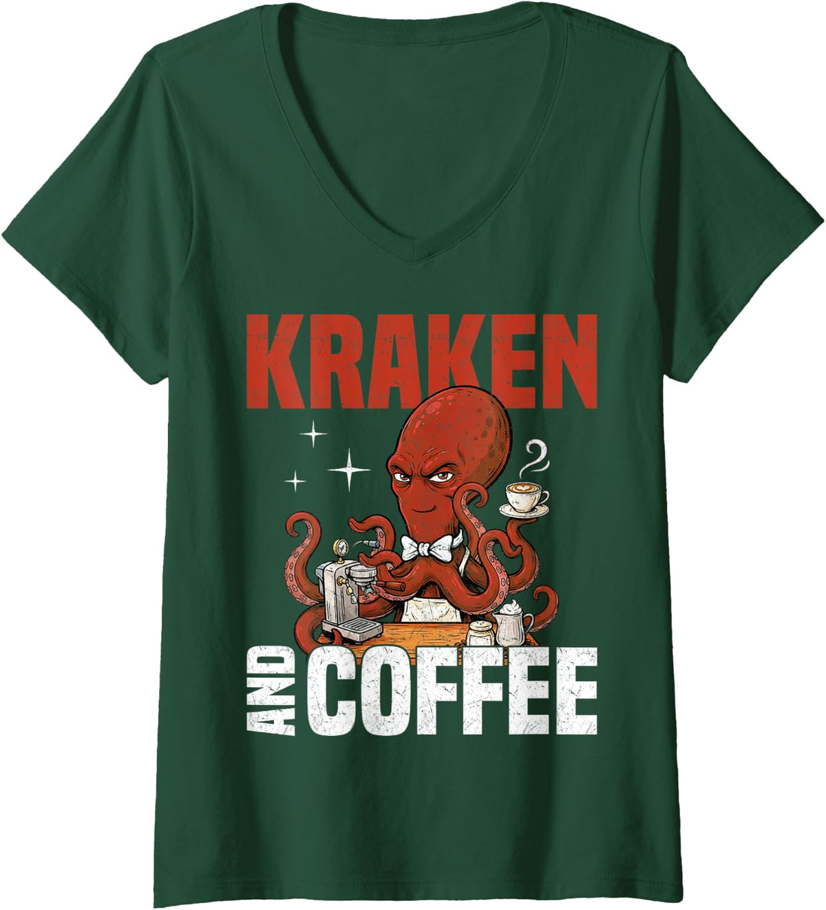 Women's Kraken and Coffee Octopus Caffeine Lover V-Neck T-Shirt - Dark Green