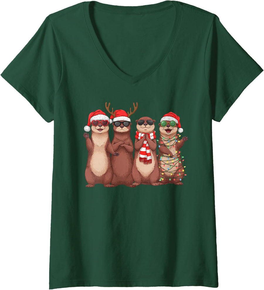 Women's Retro Otter Funny Santa Hat Christmas Lights Holiday Xmas V-Neck T-Shirt - Dark Green