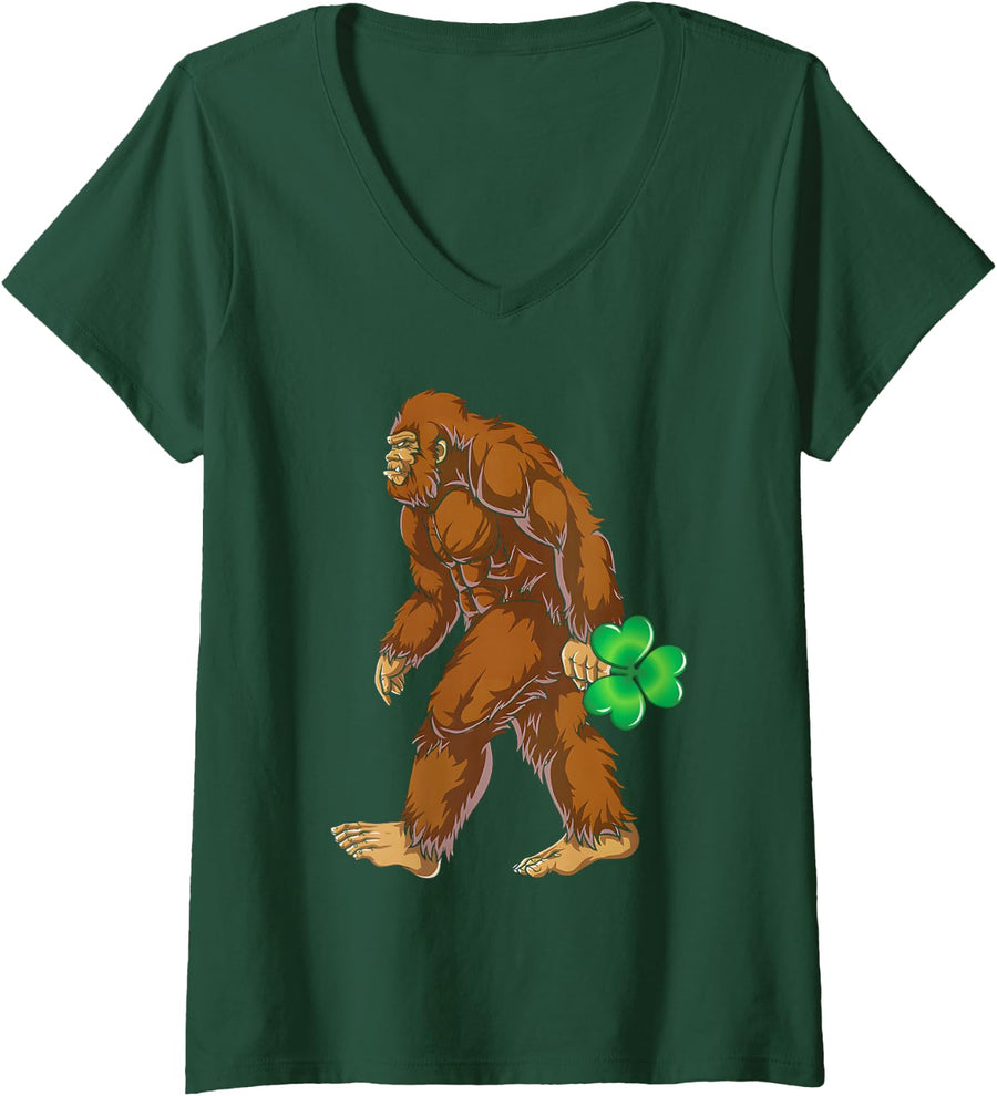 Women's St Patricks Day Bigfoot Sasquatch Shamrock Men Women Kids V-Neck T-Shirt - Dark Green