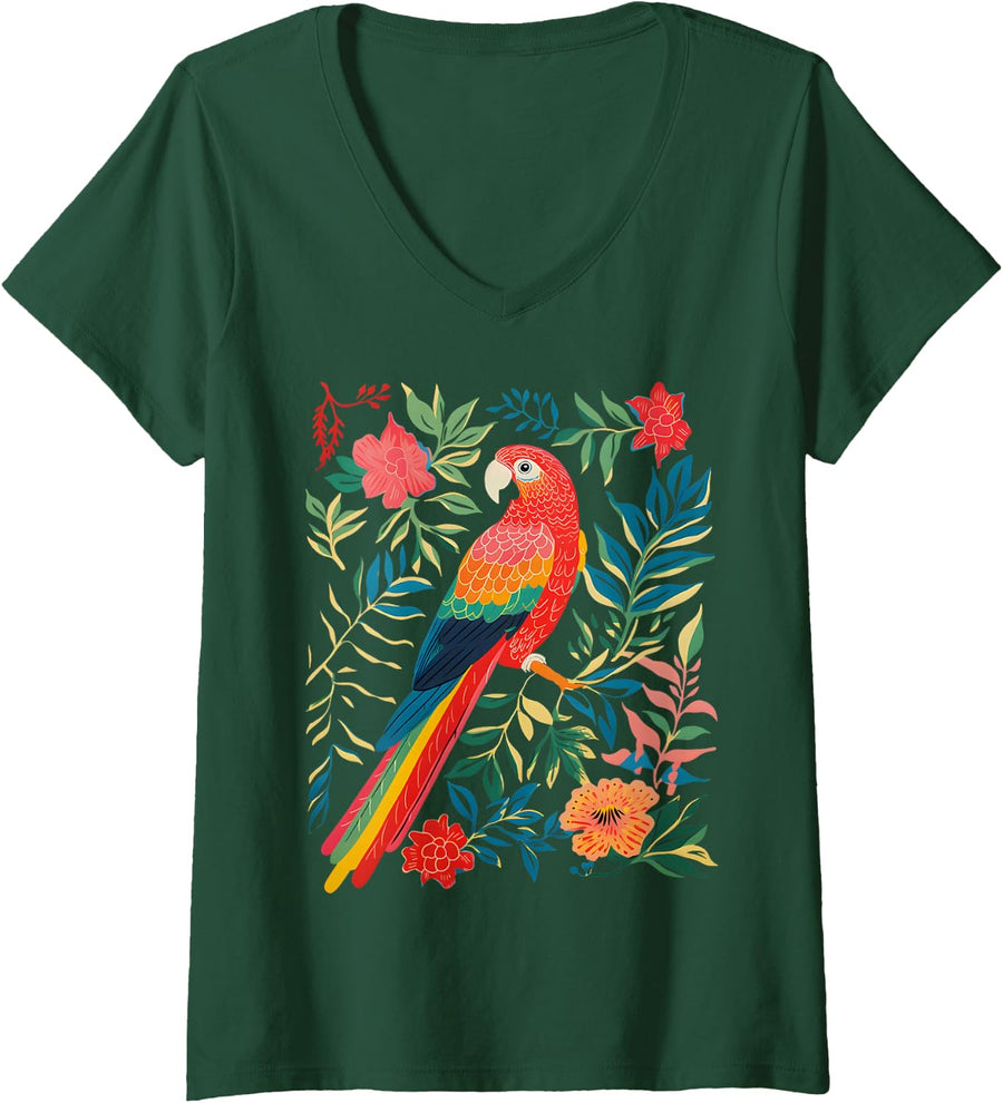 Women's Boho Floral Parrot Scarlet Macaw Birdwatching Bird Lover V-Neck T-Shirt - Dark Green