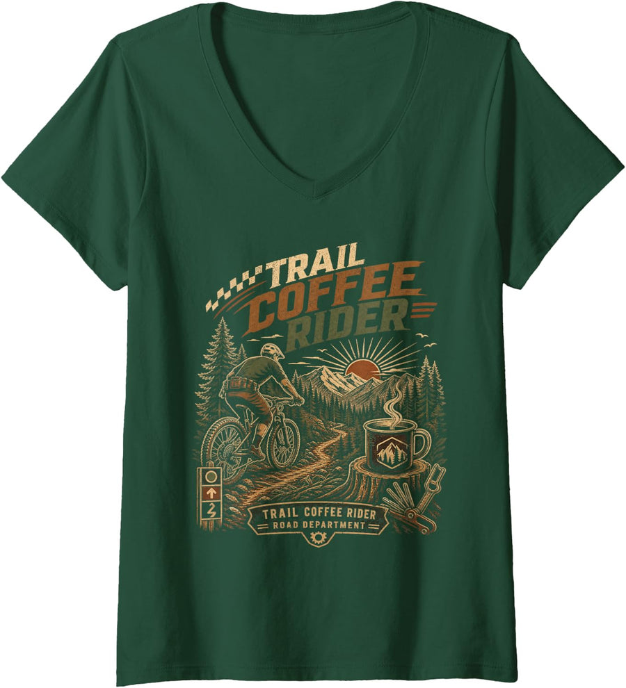 Women's Trail Coffee Rider Road Department Mountain Biker V-Neck T-Shirt - Dark Green