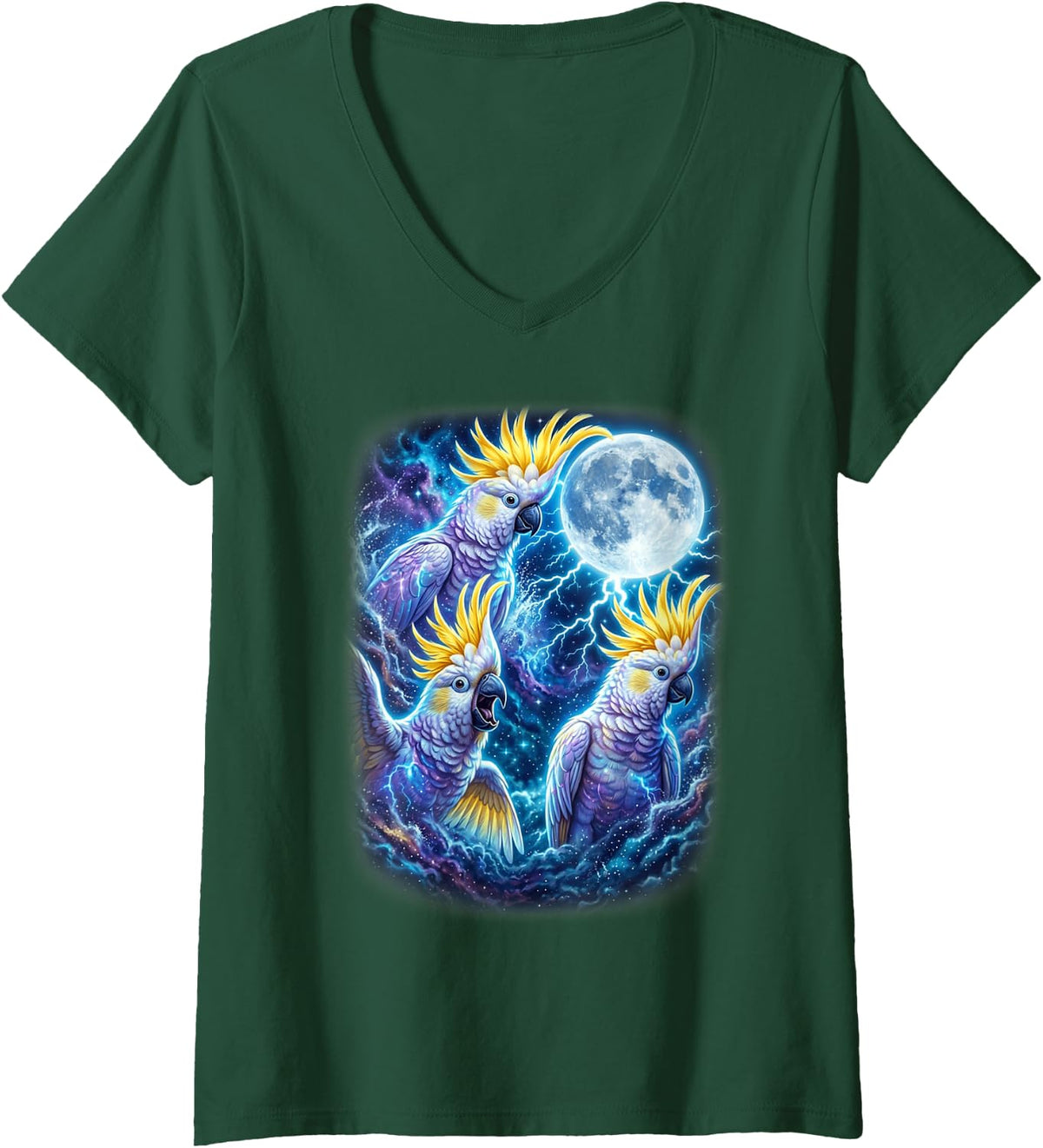 Women's Majestic Three Cockatoo Parrot Moon Lightning Bird Art V-Neck T-Shirt - Dark Green