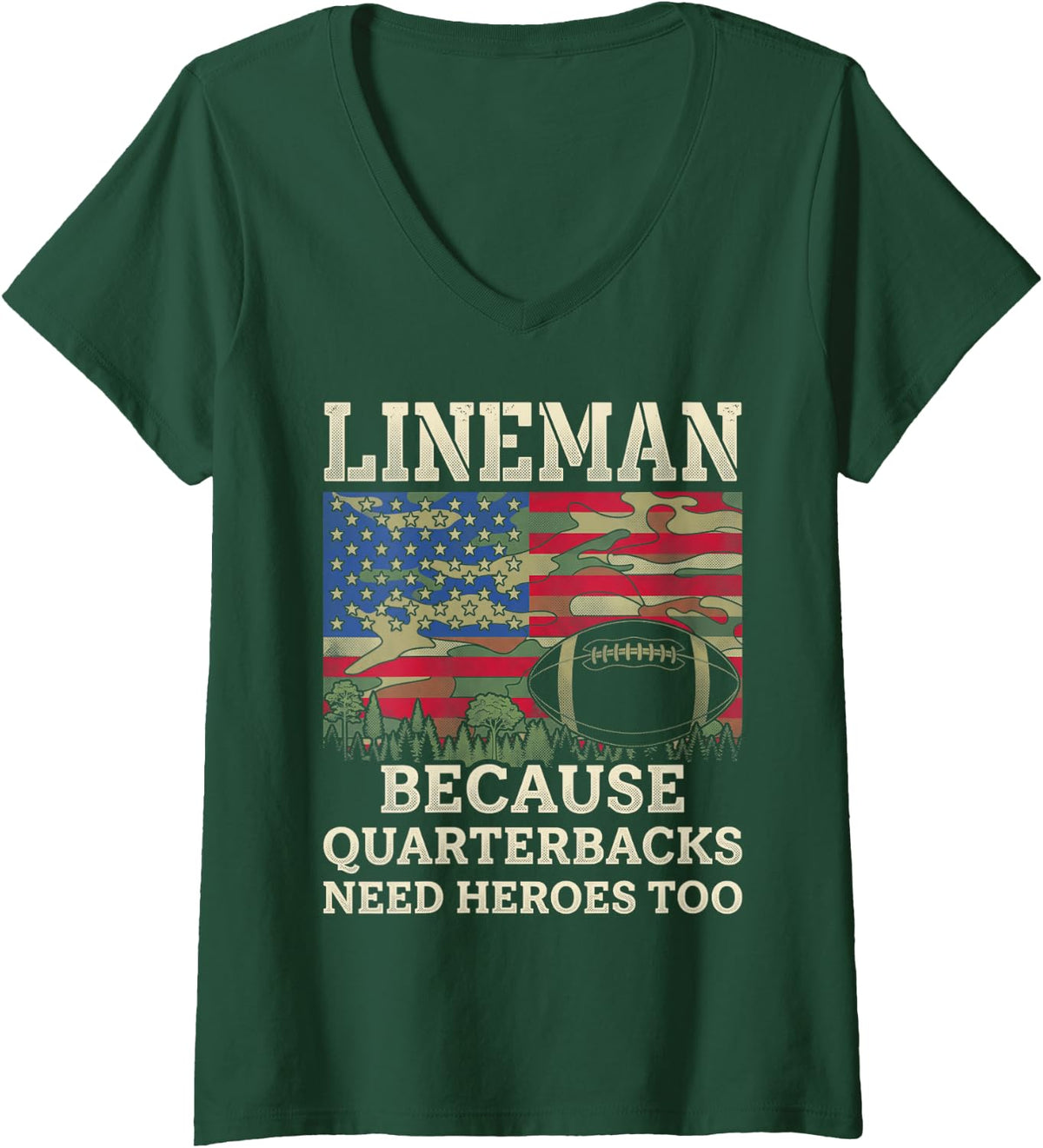 Women's Lineman Football Patriotic American Flag Camouflage V-Neck T-Shirt - Dark Green