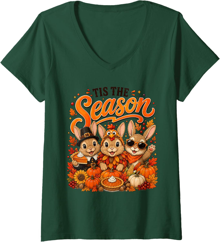 Women's Tis The Season Thanksgiving Sheep Pumpkin Costume V-Neck T-Shirt - Dark Green