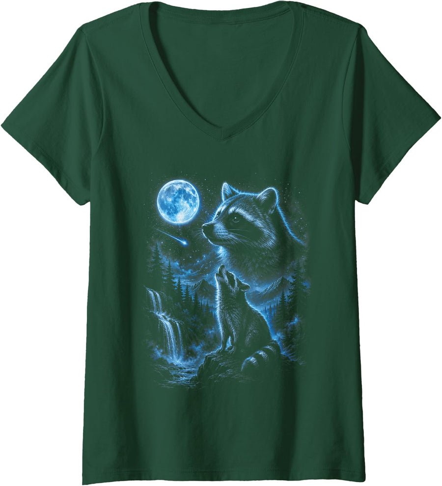 Women's Vintage Raccoon Howling At The Moon Meme 90s Trash Panda V-Neck T-Shirt - Dark Green