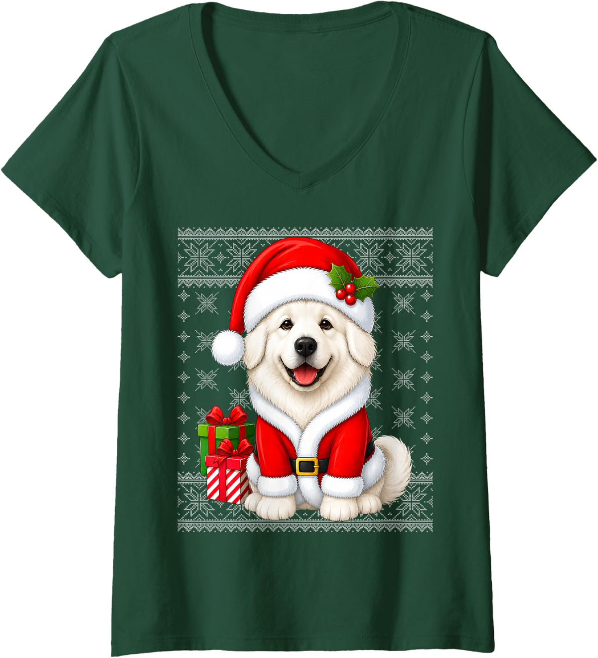 Women's Great Pyrenees Dog in Christmas Santa Costume Ugly Xmas V-Neck T-Shirt - Dark Green