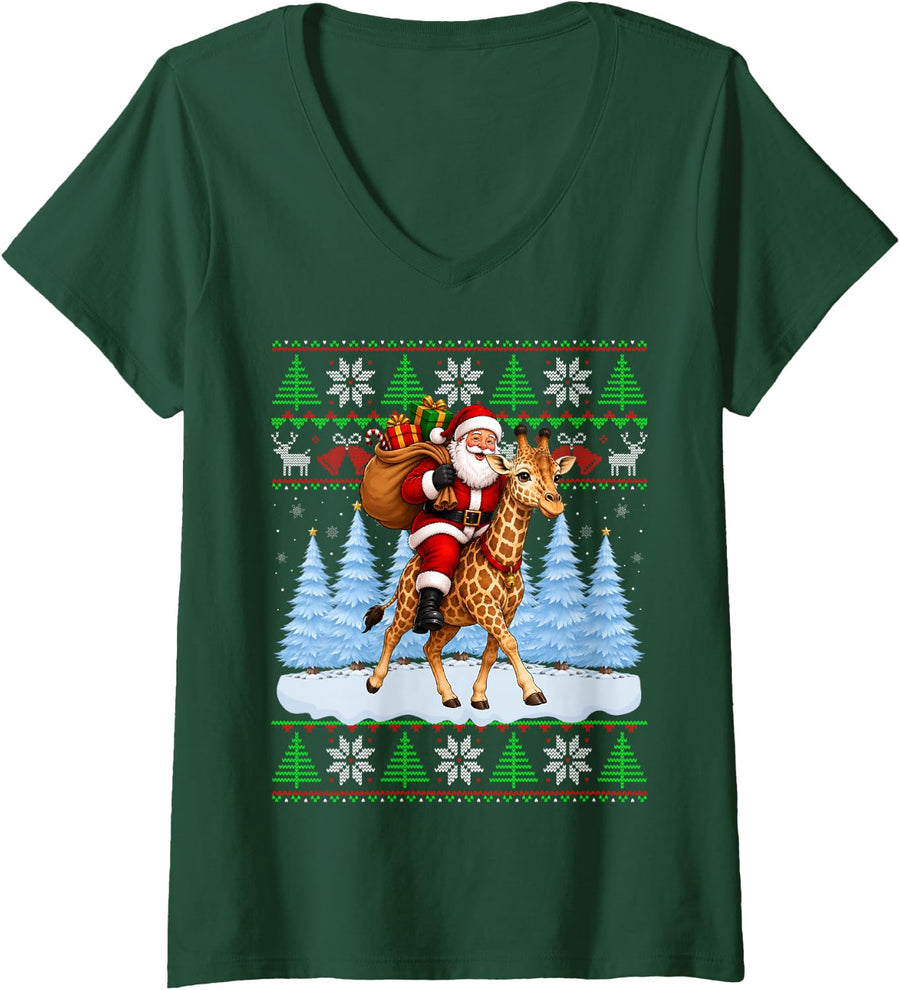 Women's Ugly Xmas Sweaters Fun Santa Riding Giraffe Christmas V-Neck T-Shirt - Dark Green