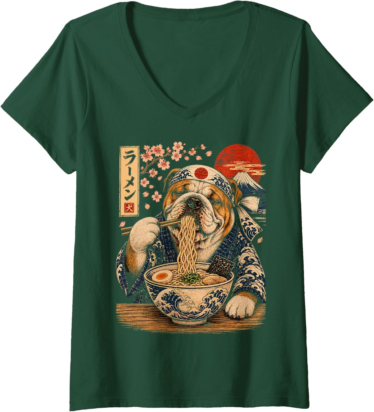 Women's Bulldog Dog Eating Ramen Japanese English Bulldog V-Neck T-Shirt - Dark Green