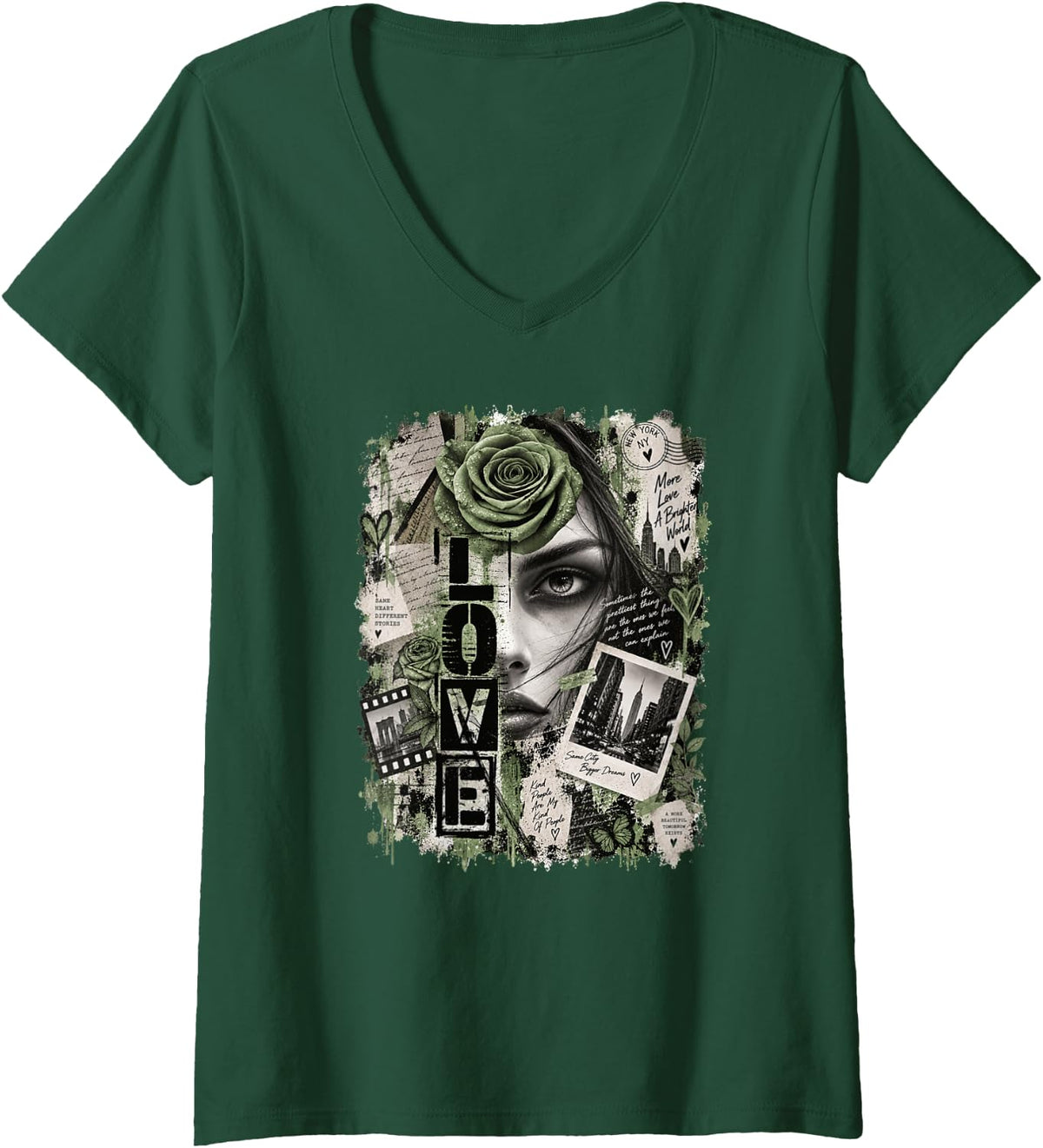 Women's Dark Romance Streetwear Graphic, Gothic Red Rose Lover V-Neck T-Shirt - Dark Green