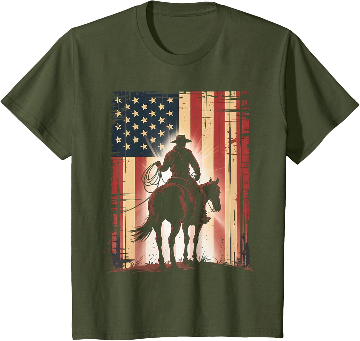 Rodeo Cowboy Western Country Horse USA flag 4th of July T-Shirt - Olive Green