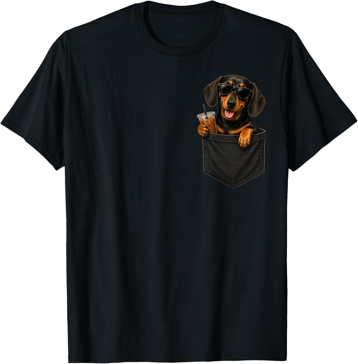 Cool Dachshund Dog Coffee Pocket Men Woman Kids T-Shirt - Black