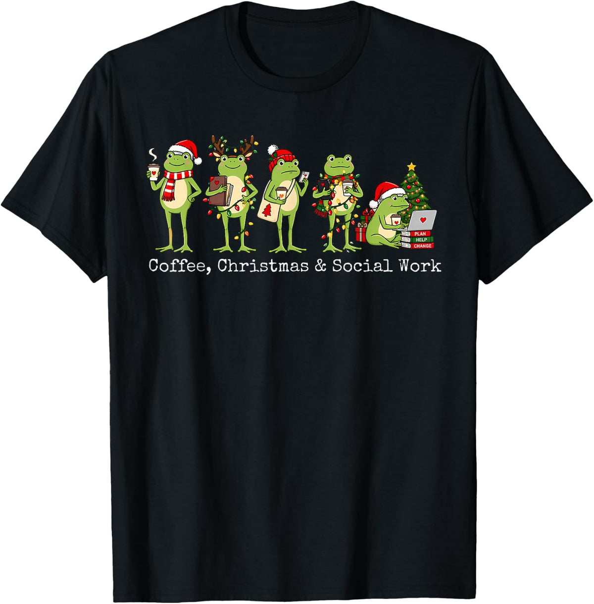 Social Work Frog Xmas Lights Social Worker Coffee Christmas T-Shirt - Black