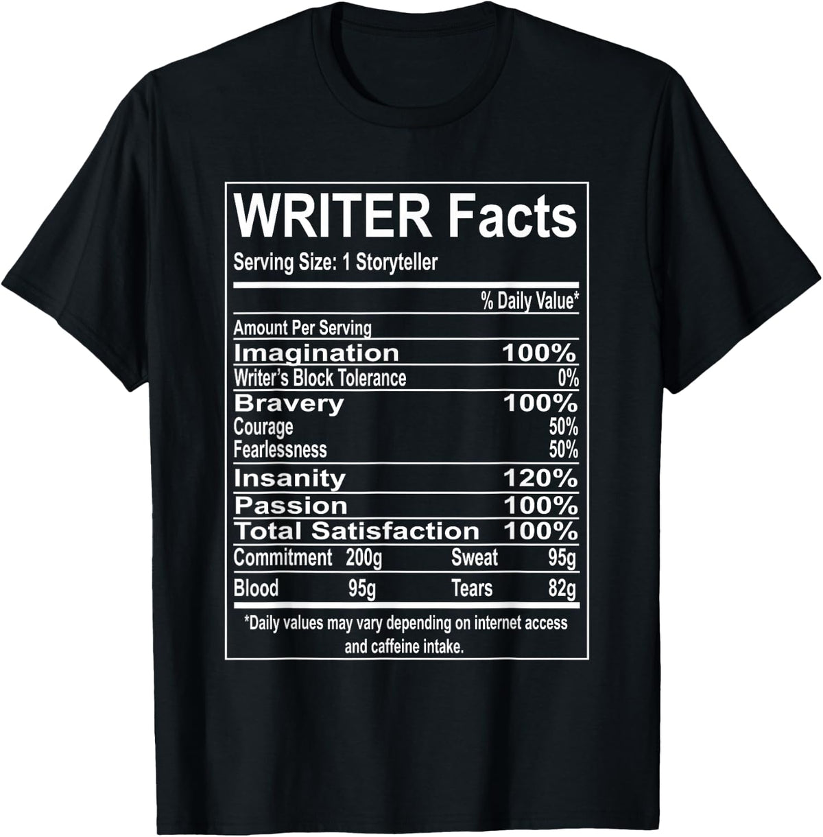 Writer Facts Storyteller Nutrition Information T-Shirt - Black