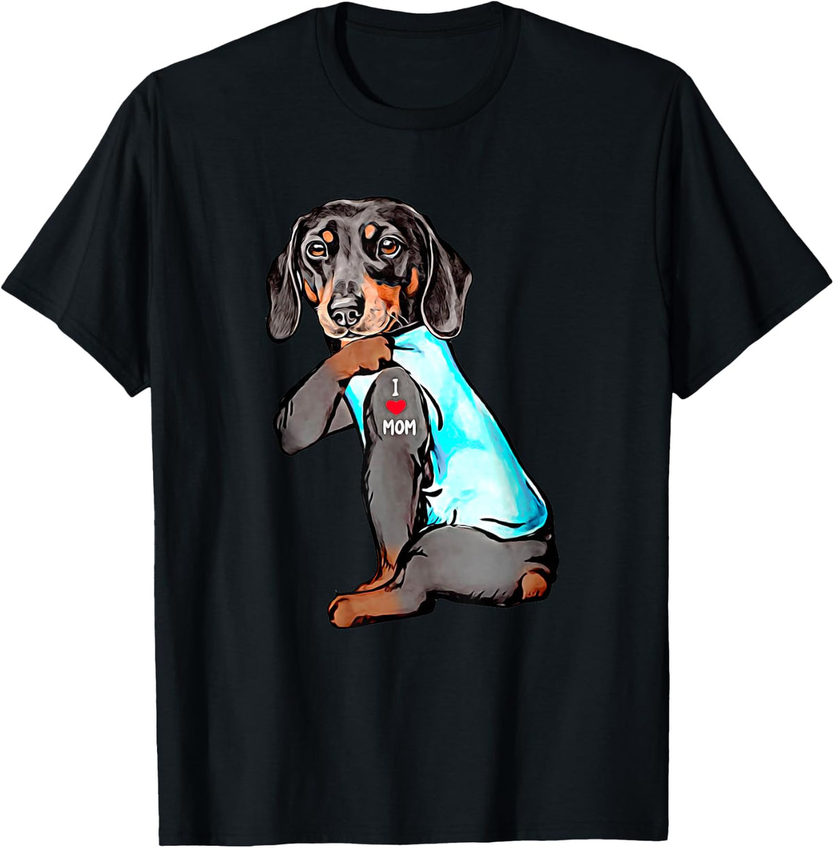 Funny Dachshund Dog Tattoo I Love Mom Dogmom Gift T-Shirt - Black
