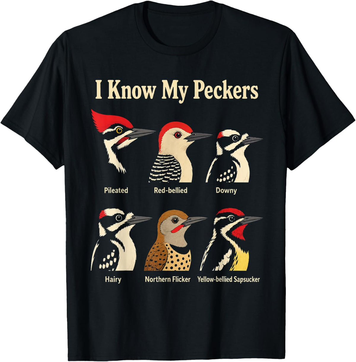Bird Watching I Know My Peckers Woodpecker Chart T-Shirt - Black