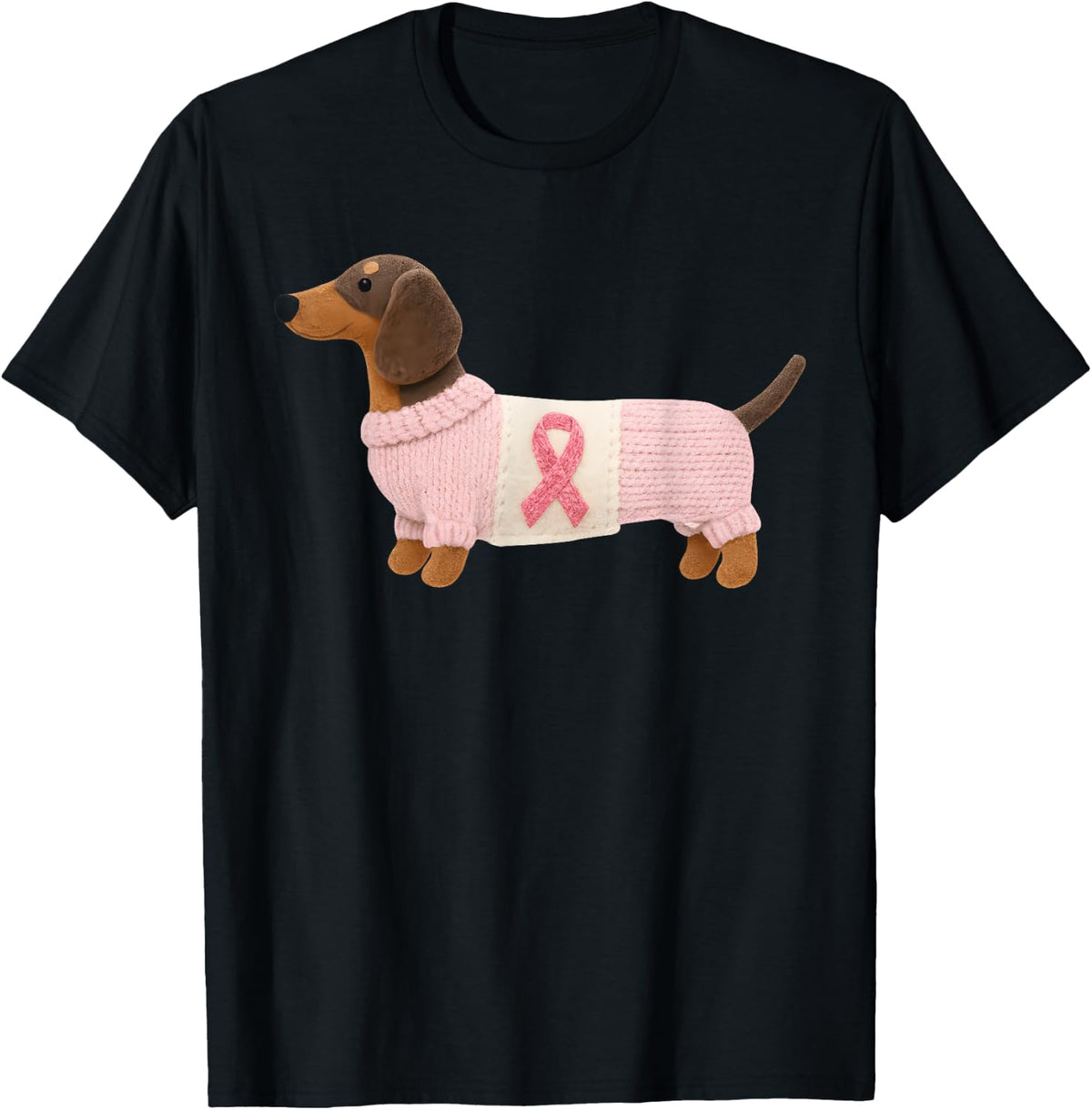 Dachshund Pink Ribbon Breast Cancer Awareness Support T-Shirt - Black