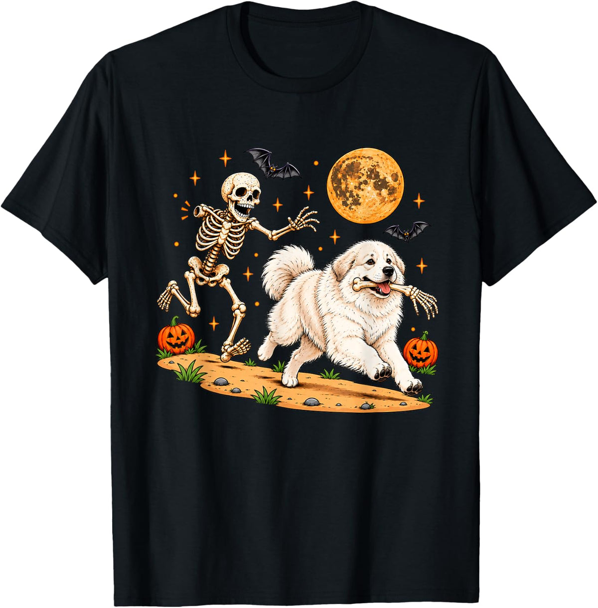 Funny Skeleton Chasing Great Pyrenees Halloween Dog Mom Pet T-Shirt - Black