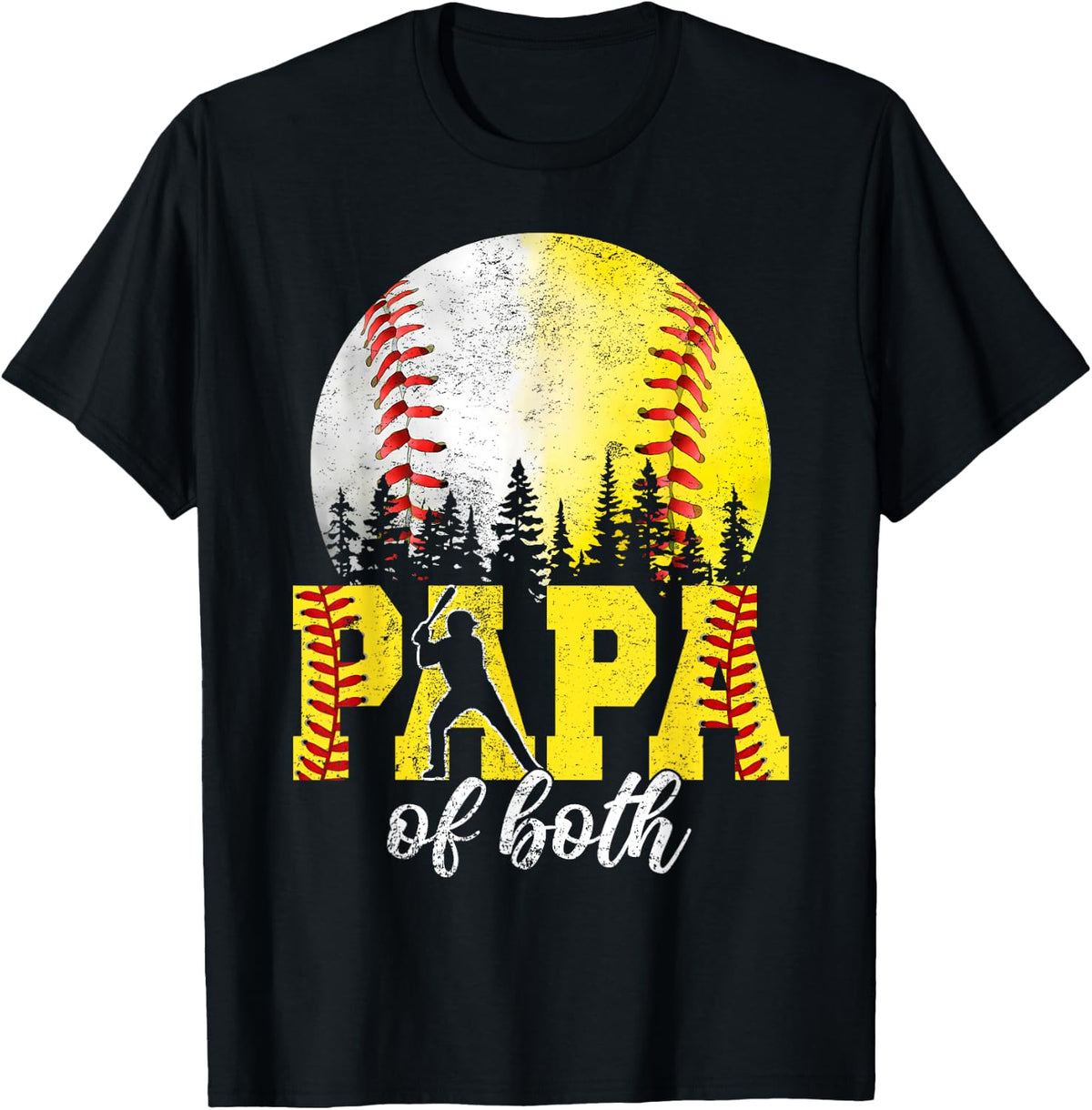 Papa of Both Baseball Softball Papa Vintage Fathers Day T-Shirt - Black