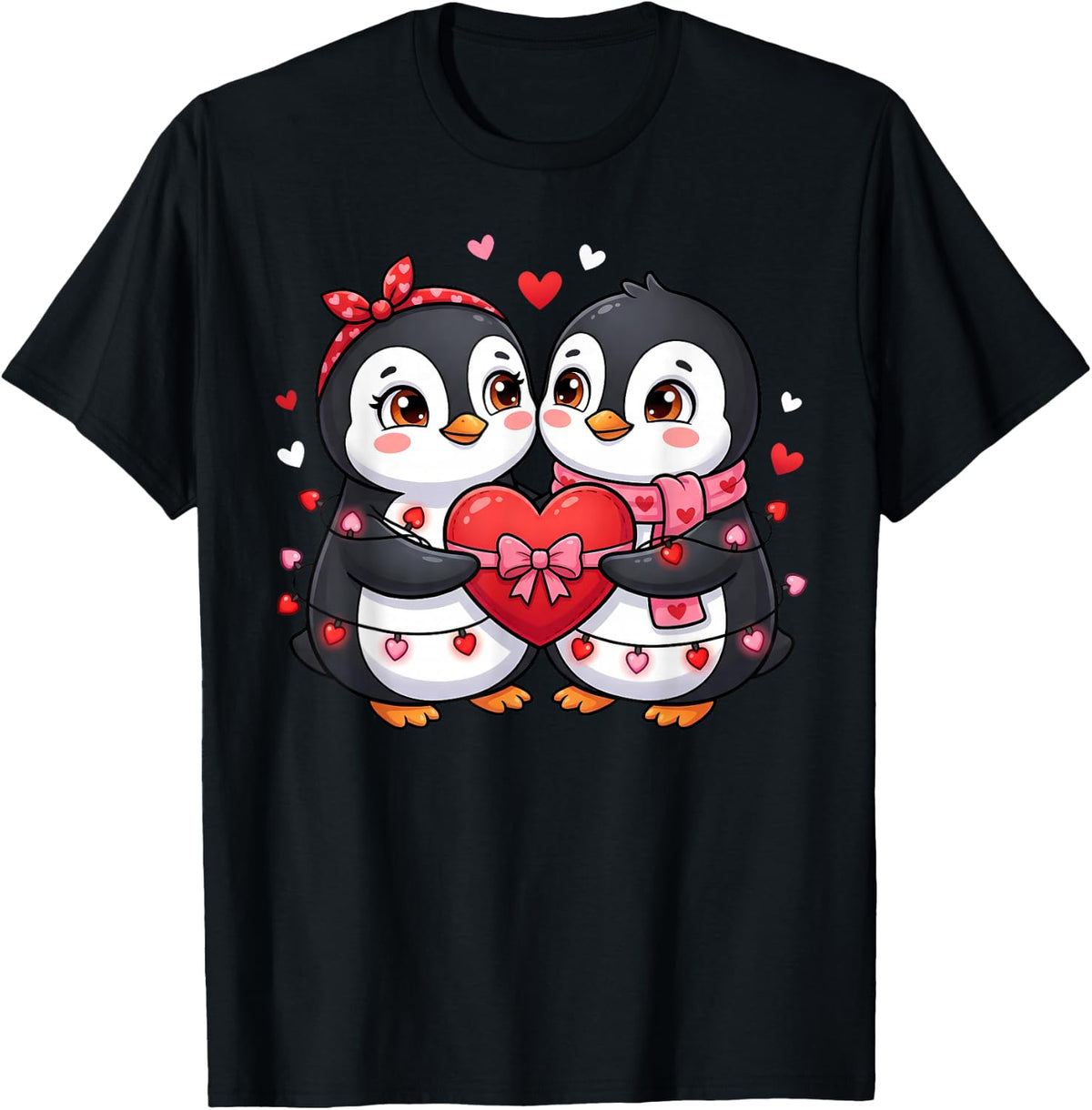 Cute Valentine Penguins Couple Holding Heart Love Graphic T-Shirt - Black