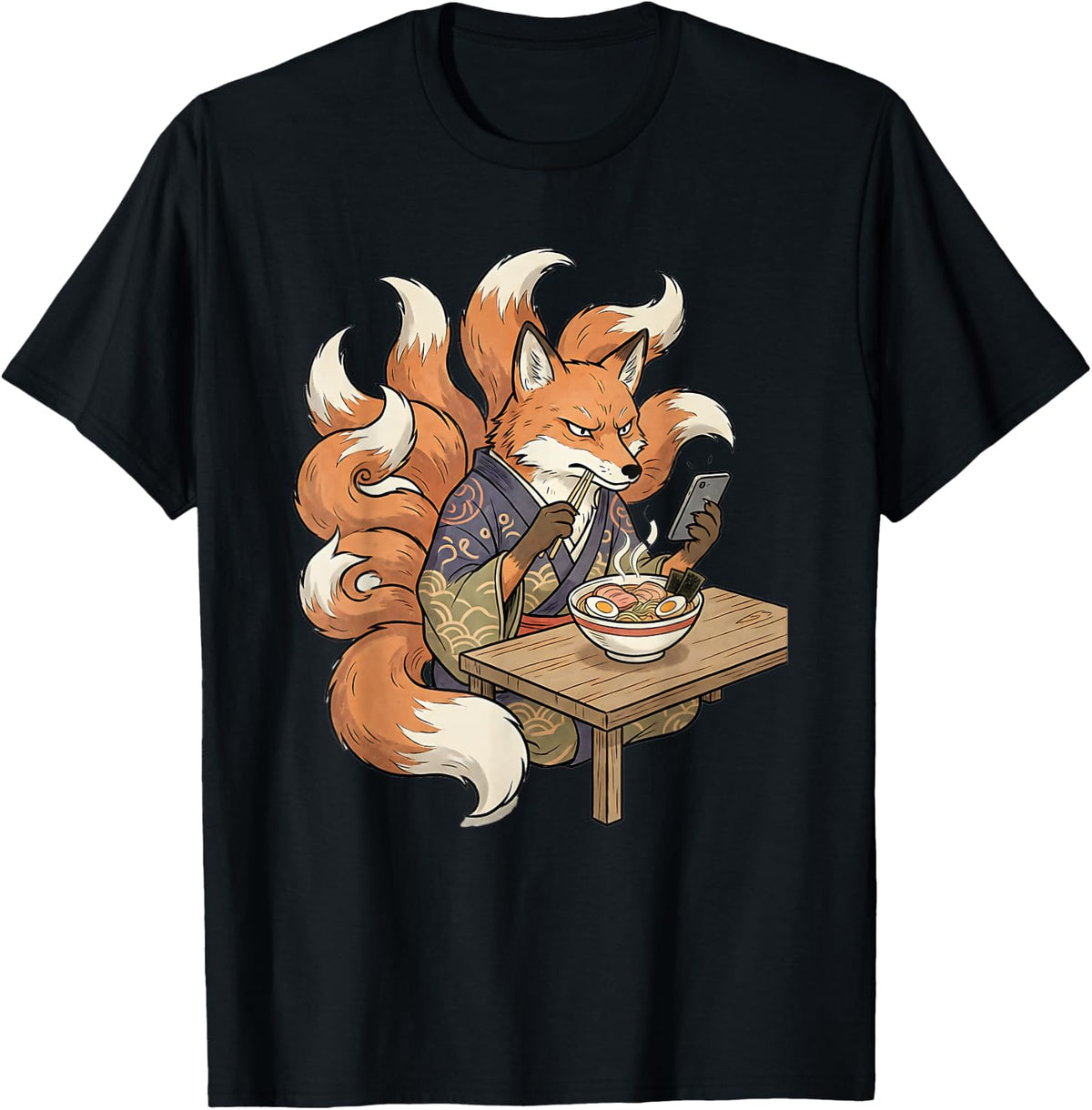 Nine Tailed Fox Kitsune Eating Ramen Bowl Anime Phone Scroll T-Shirt - Black