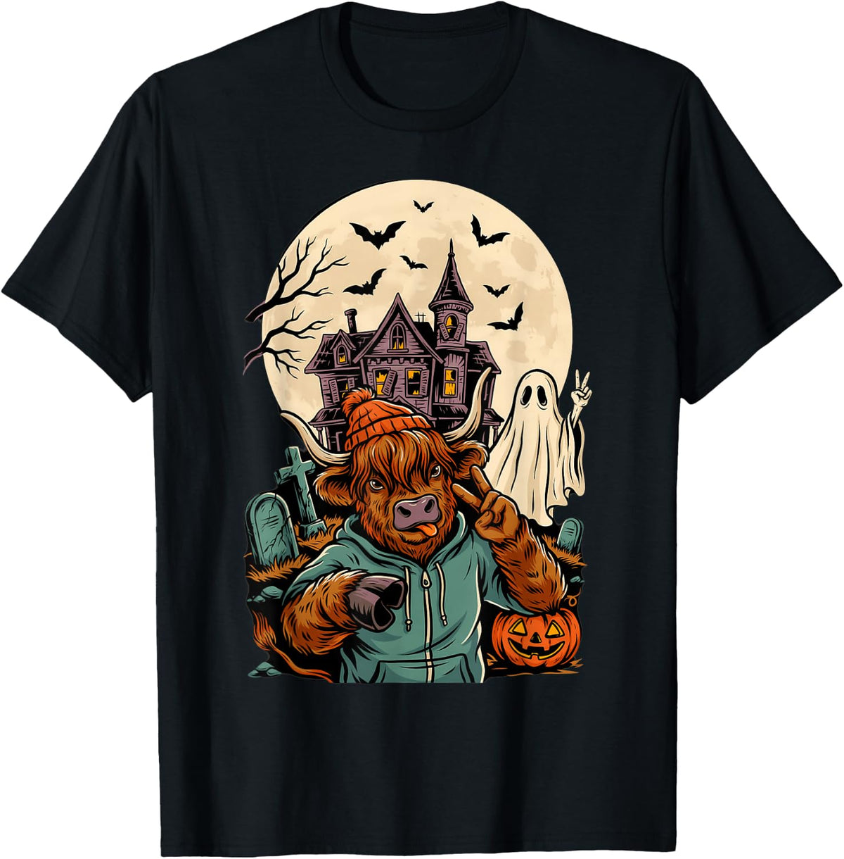 Halloween Highland Cow Costume Pumpkin Spooky Season T-Shirt - Black