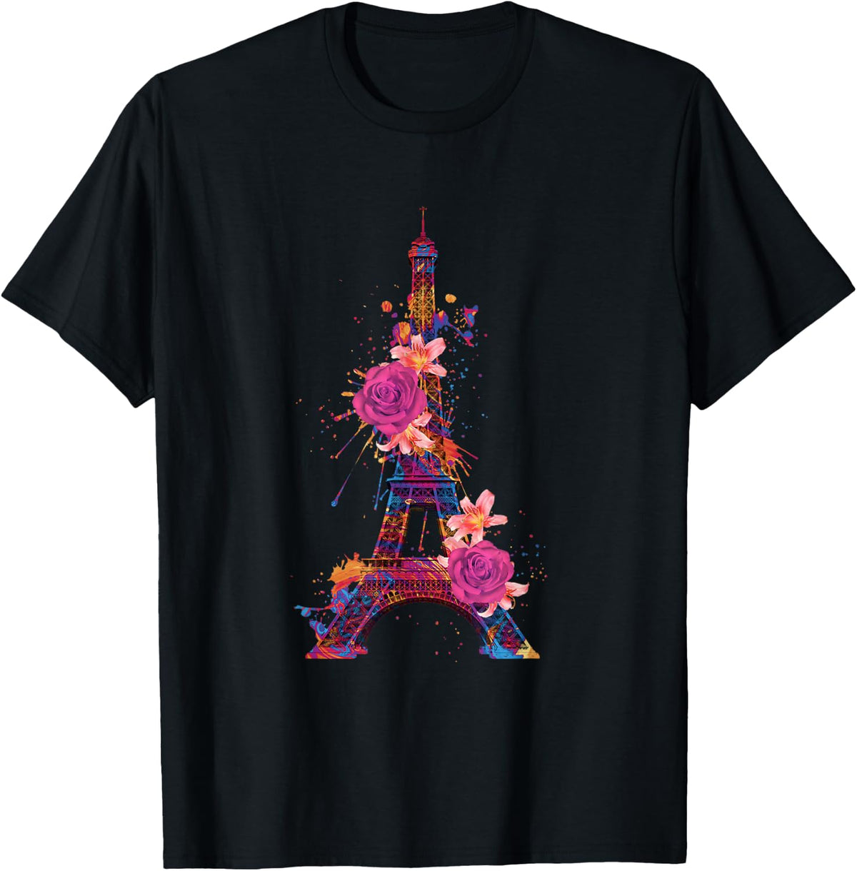 Paris Colorful Eiffel Tower with Rose France Souvenir French T-Shirt - Black