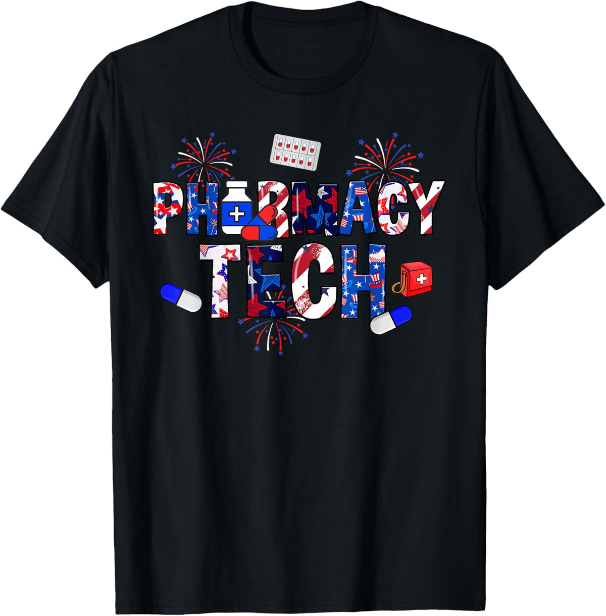Pharmacy Tech Stethoscope USA Flag Patriotic 4th Of July T-Shirt for Women Men - Black