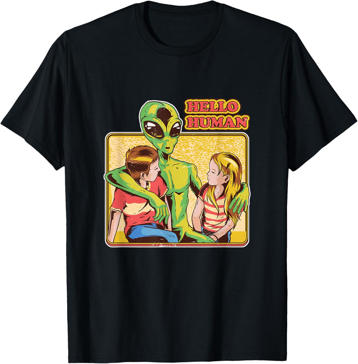 Cool Retro Alien and Hello Humans Outer Space Galaxy T-Shirt - Black