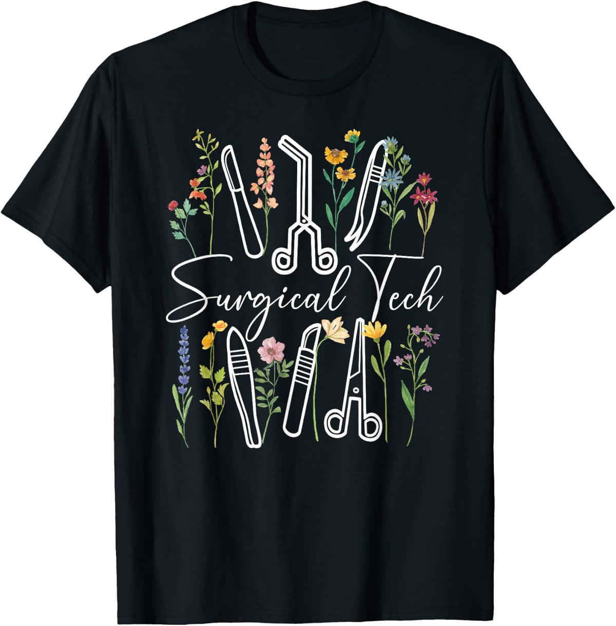 Surgical Tech Flowers Surgical Technologist T-Shirt - Black