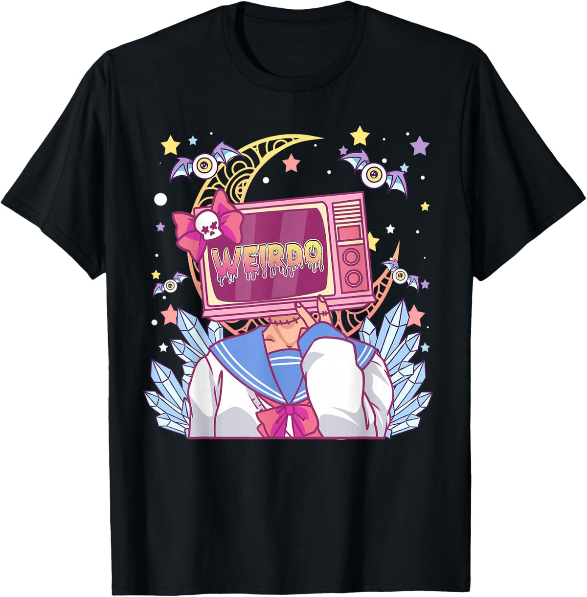 Object Head Cosplay Weirdcore Aesthetic Pastel Goth Bat TV T-Shirt - Black