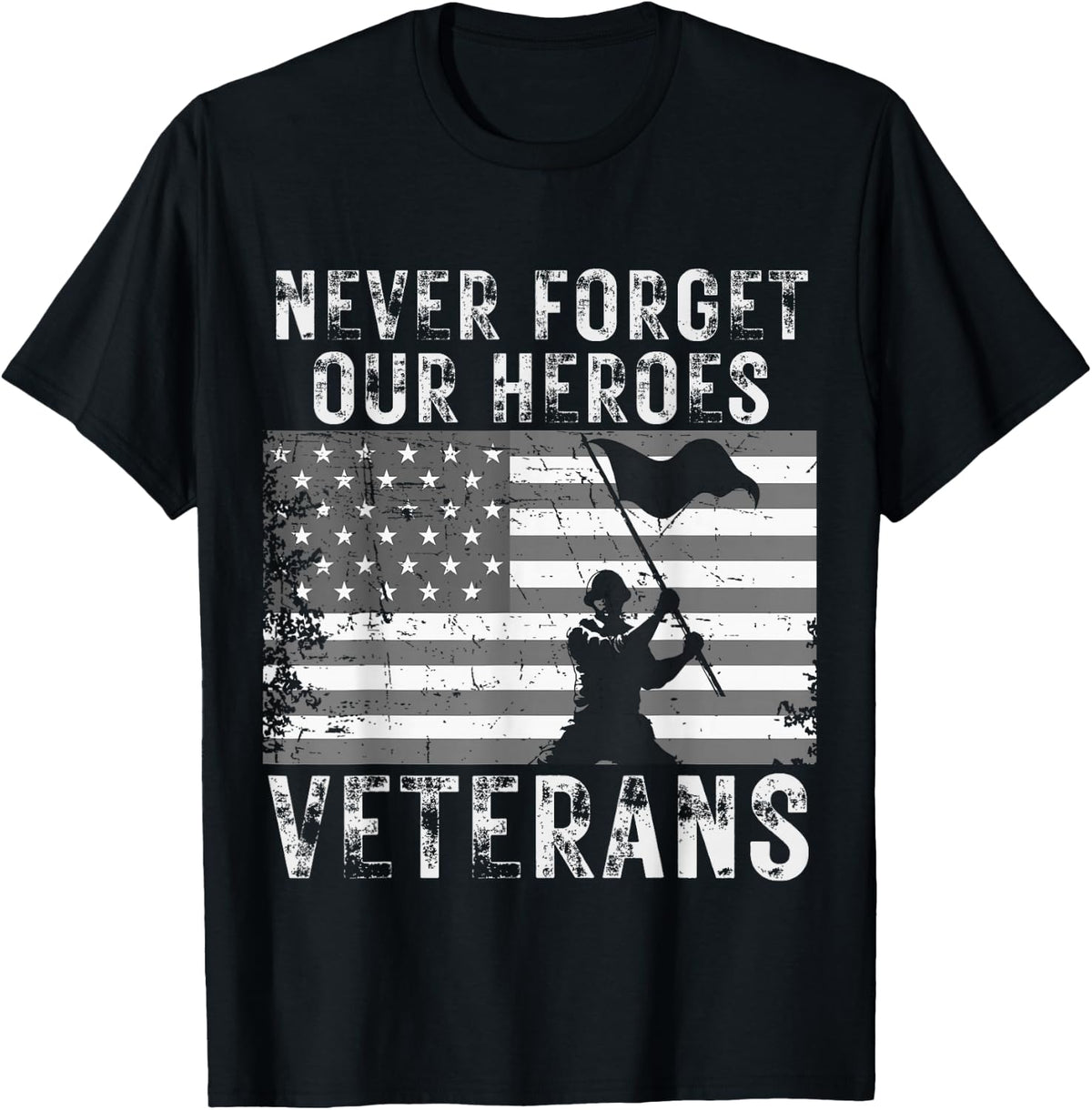 Never Forget Our Heroes Thank You Veterans American Flag USA T-Shirt - Black
