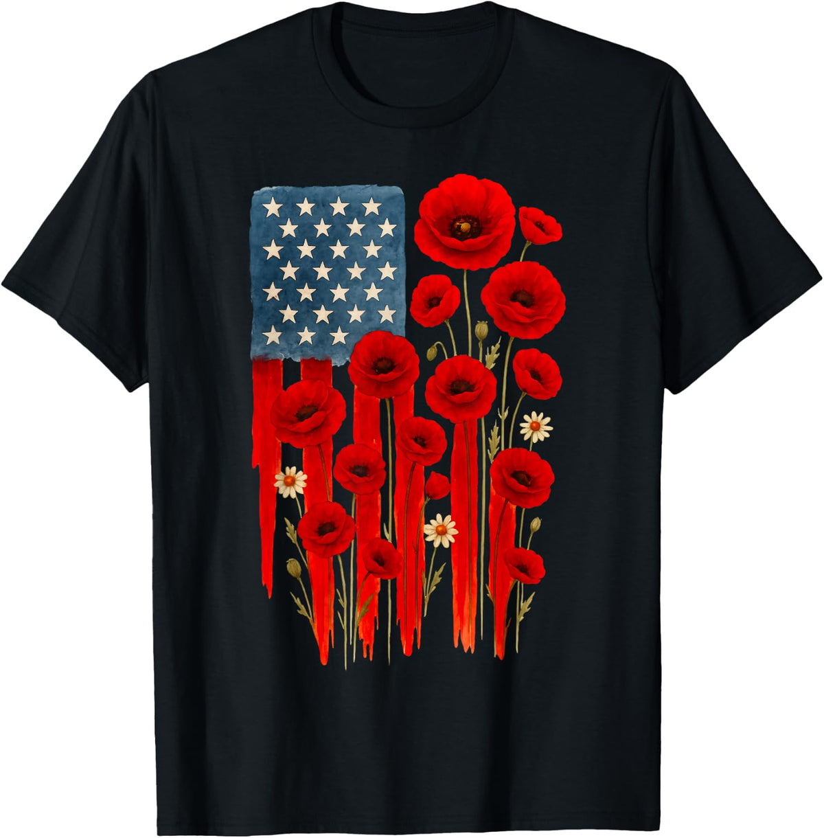 Poppy Flower Veterans Day USA Flag Memorial Day 4TH Of July T-Shirt - Black