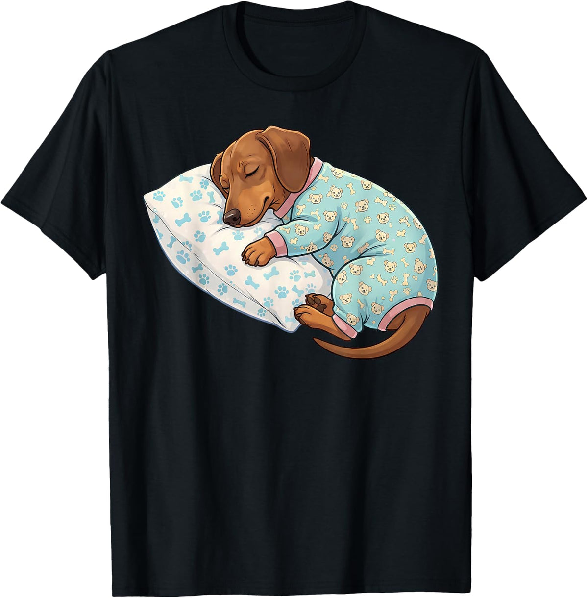 Cute Dachshund Dog Sleeping in Pajamas Bedtime Art T-Shirt - Black