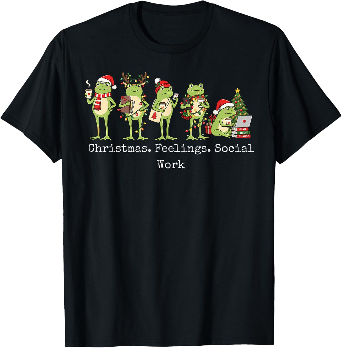 Christmas Feelings Social Worker Frog Xmas Lights Counselor T-Shirt - Black