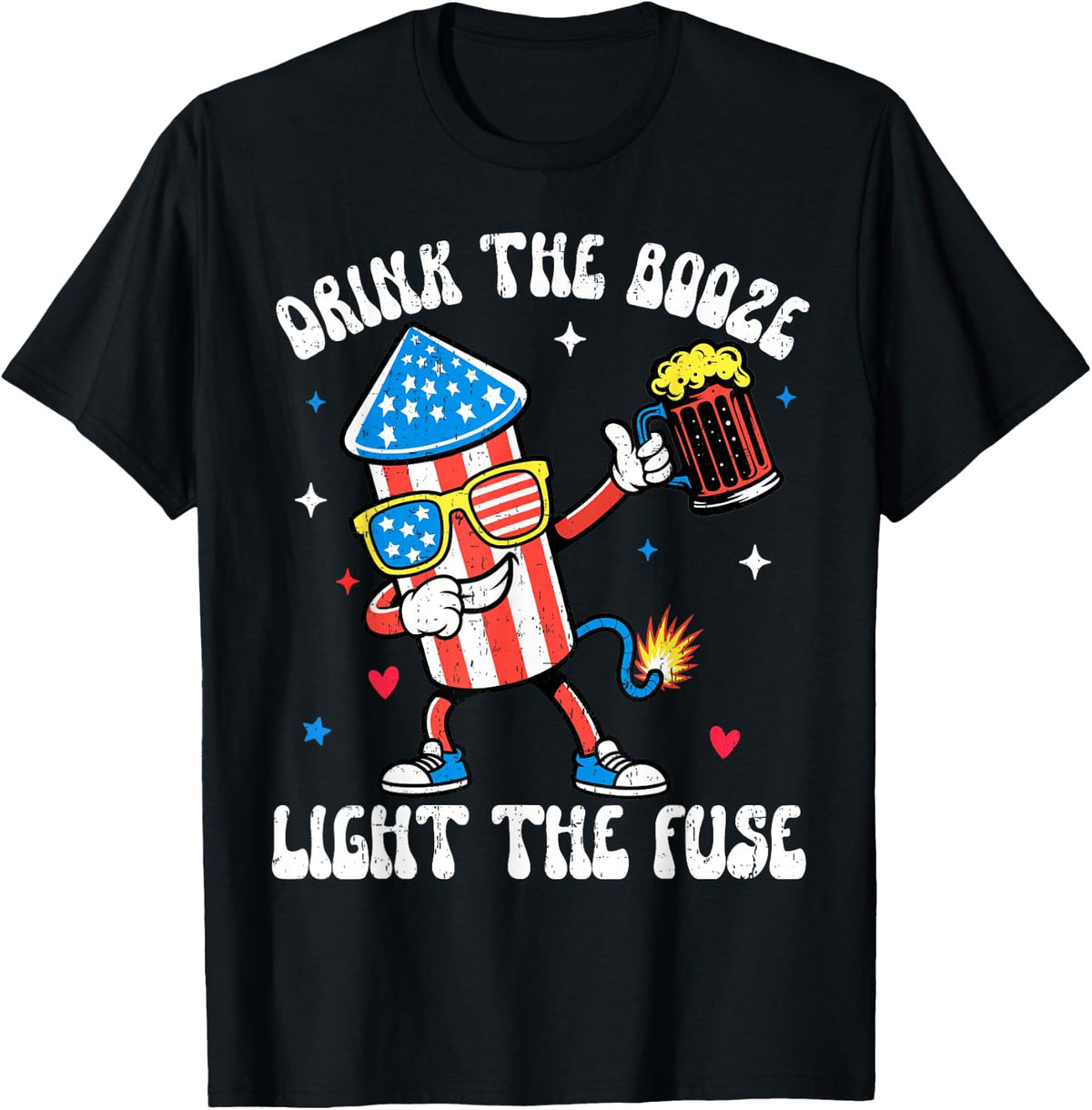 Drink The Booze Fireworks Independence Funny 4th July Beer T-Shirt - Black