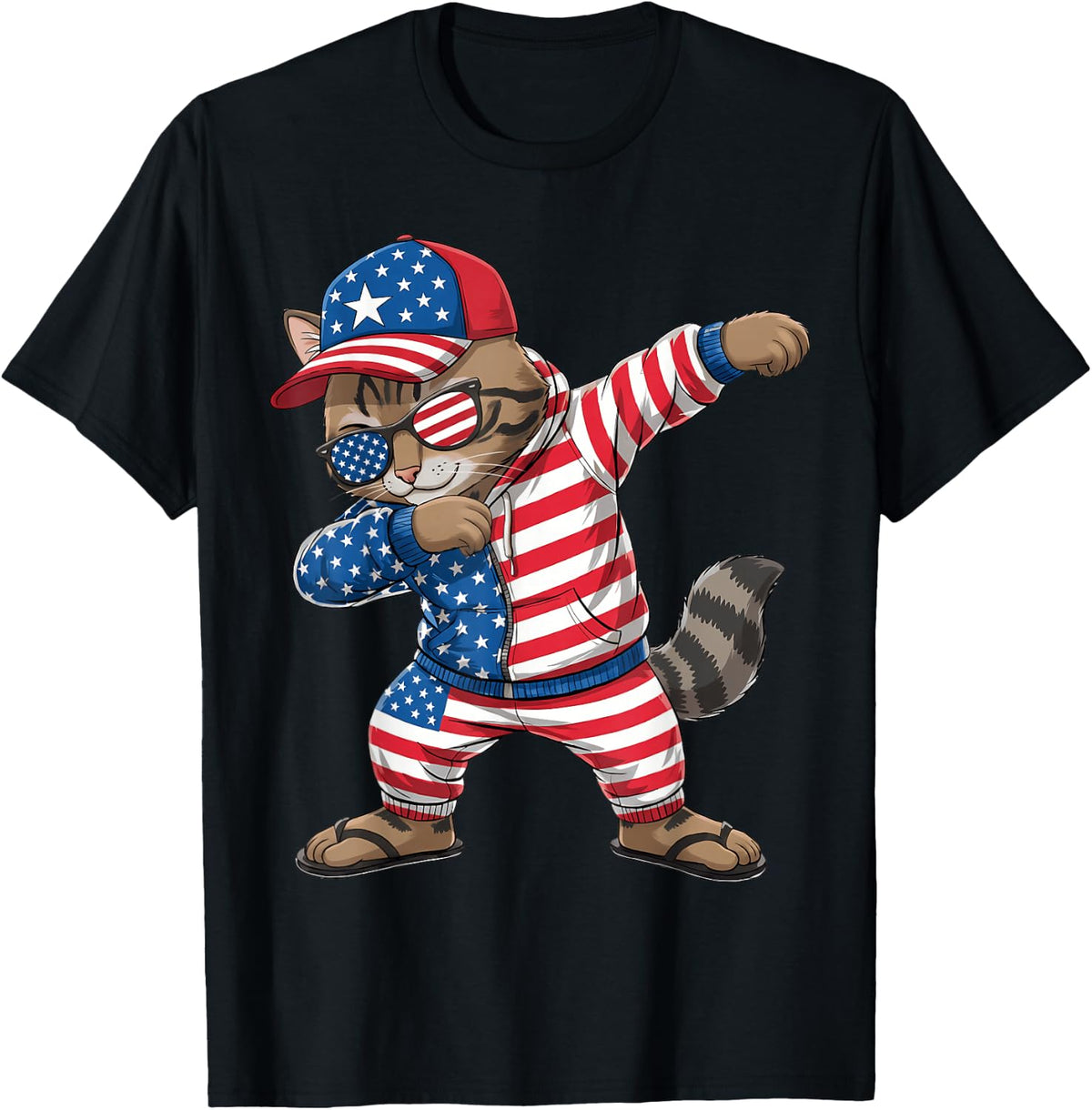 American Flag Red White Blue Patriotic 4th of July Cat T-Shirt - Black
