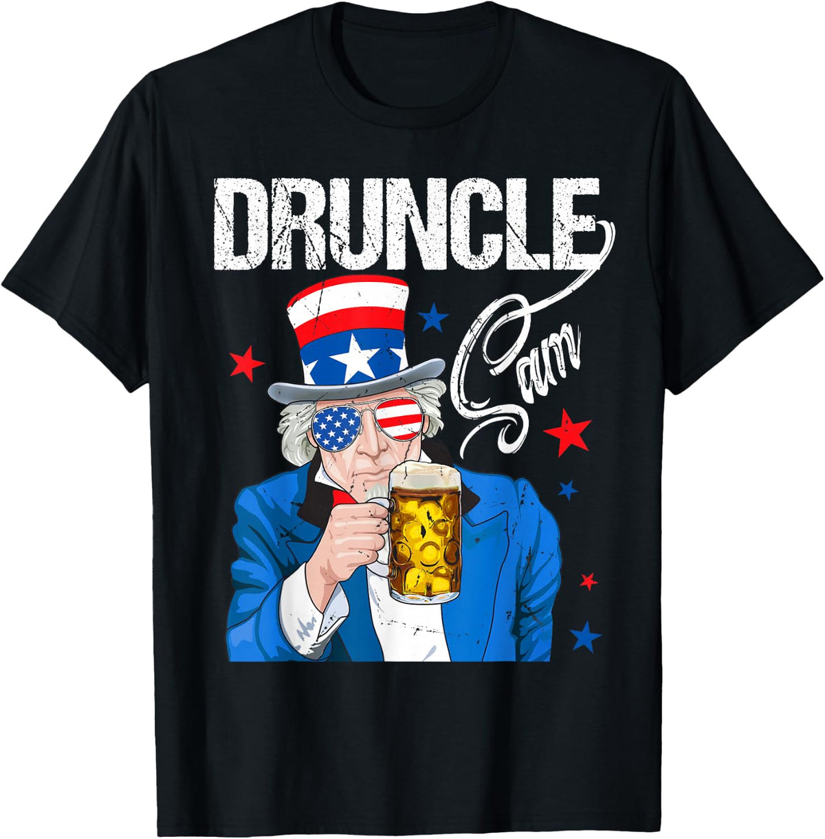 Funny Druncle Sam Uncle Sam Drinking Beer Indepedence Day T-Shirt - Black