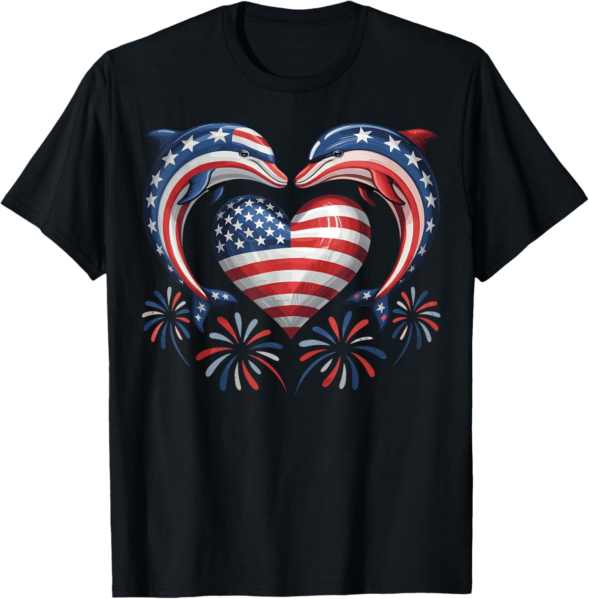 Patriotic Dolphin Heart Fireworks USA Flag 4th of July T-Shirt - Black