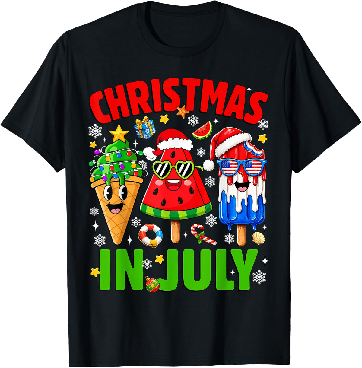Christmas in July Ice Pops Watermelon Xmas Santa Hat Kids T-Shirt - Black
